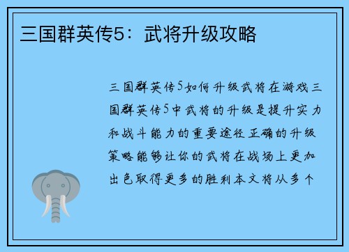 三国群英传5：武将升级攻略